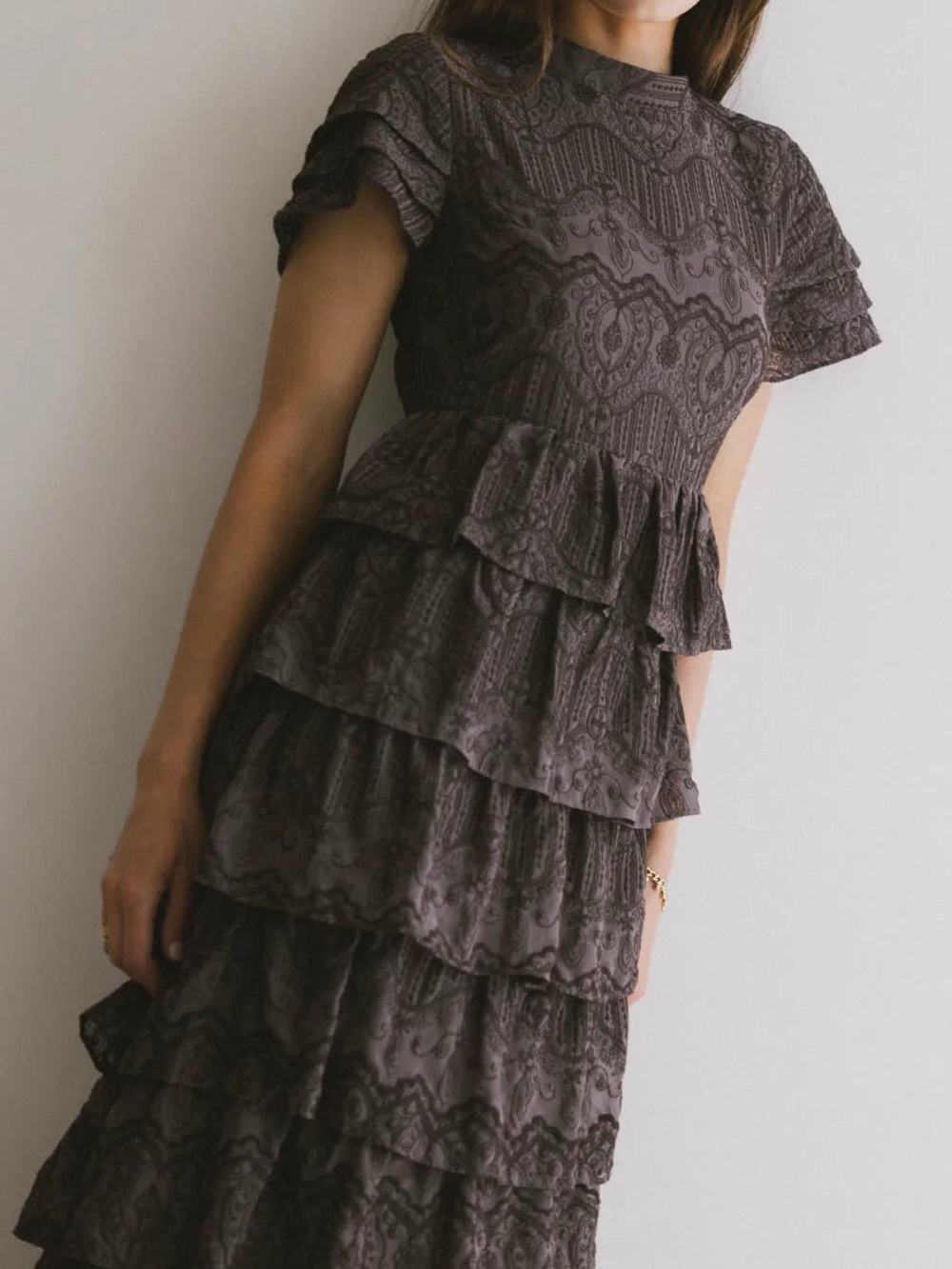 bohme Chocolate Lace Tiered Midi Dress